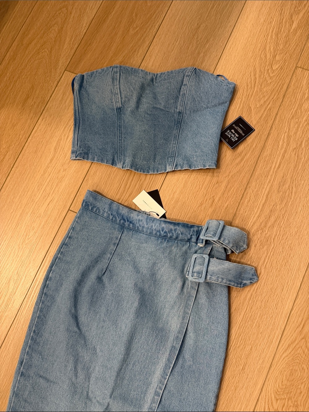 JLUXLABEL Light Blue Denim Wrap Midi Skirt/ trench coat and corset Size small - Picture 4 of 11